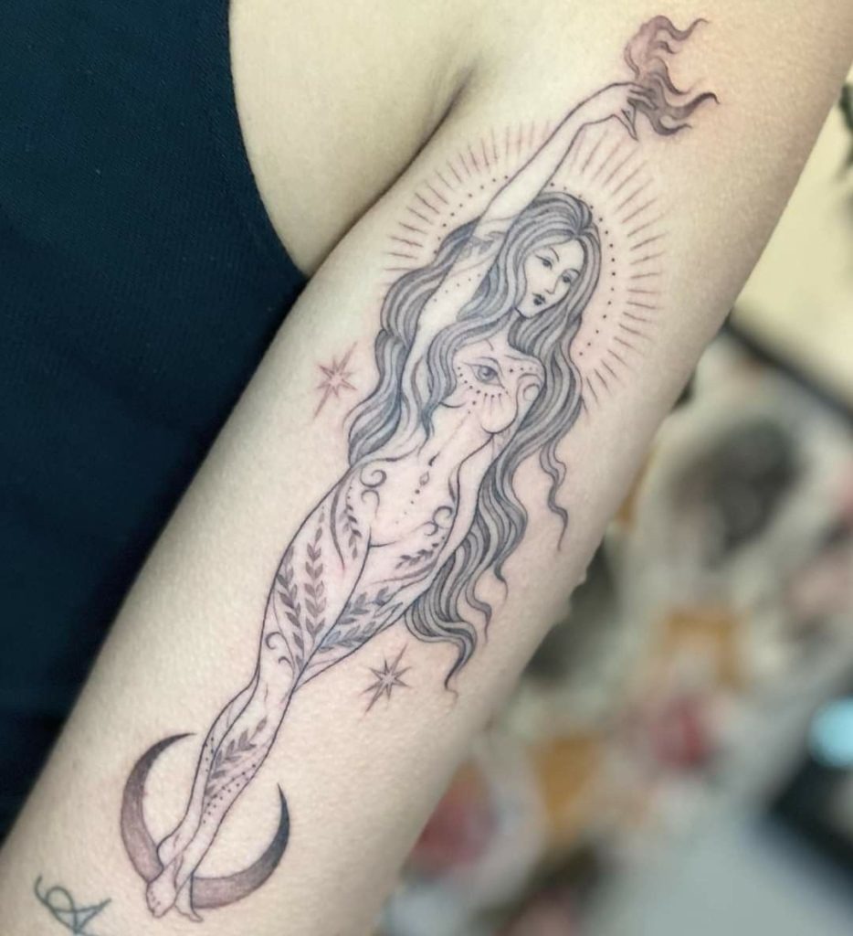 Crescent-Moon Siren with Halo Rays Tattoo Design