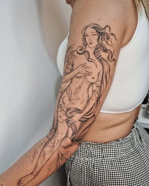 Flowing Goddess Figure Sleeve Tattoo Design