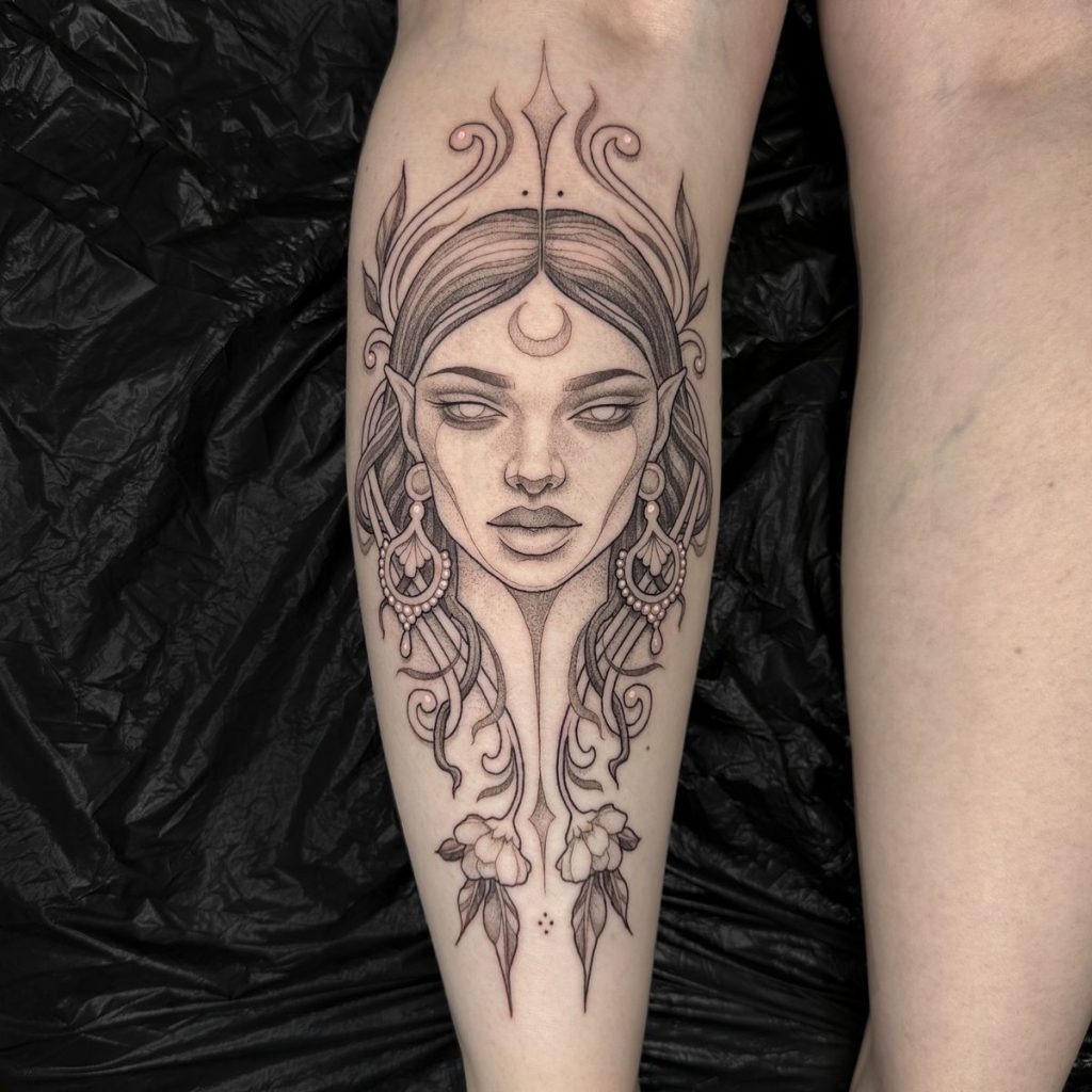 Lunar Elf Queen Calf Tattoo Tattoo Design