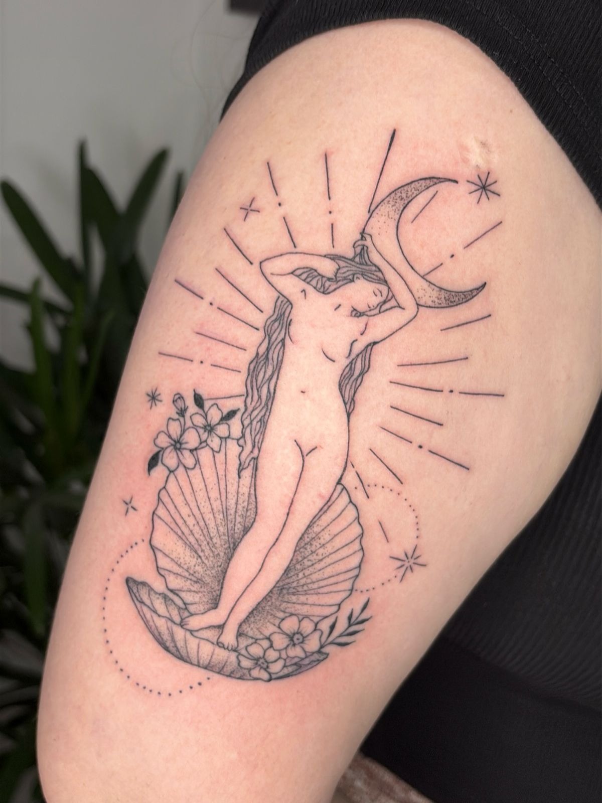 Minimalist Moonlit Aphrodite on a Shell Tattoo Design
