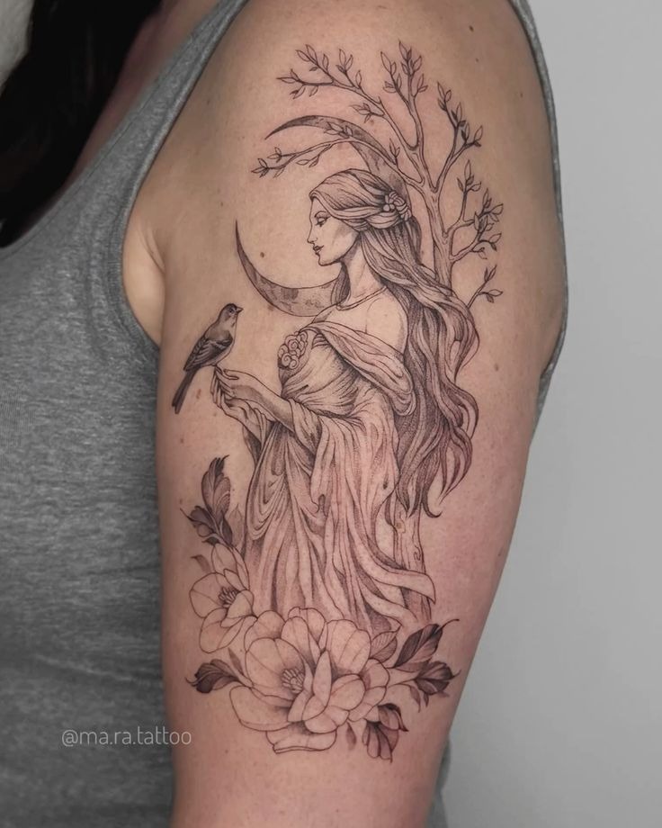 Moonlit Goddess With Bird and Magnolia Bloom Tattoo Design