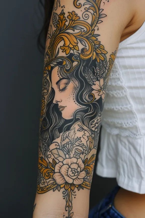 Ornamental Traditional Goddess Sleeve Panel Tattoo Design