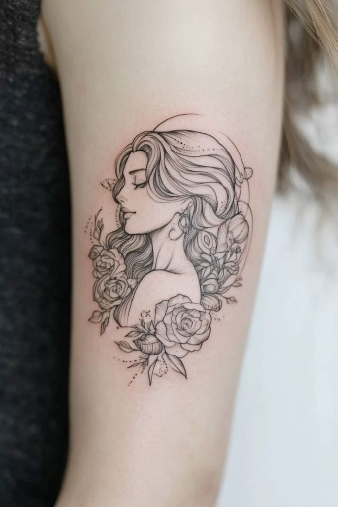Rose-Frame Profile Muse Tattoo Design