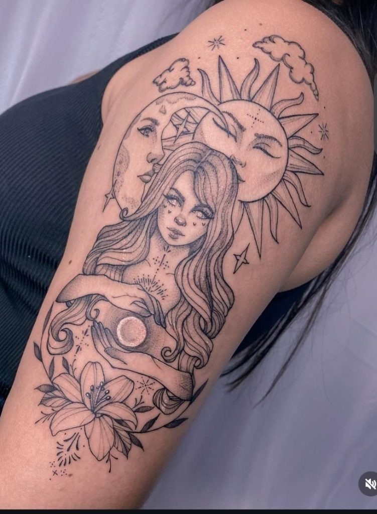 Sun, Moon, and Dream-Girl Collage Tattoo Design