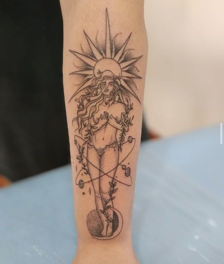 Sunburst Aphrodite With Celestial Orbits Tattoo Design