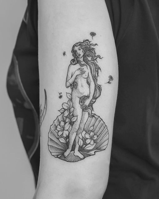 Venus on a Shell Botanical Blackwork Tattoo Design