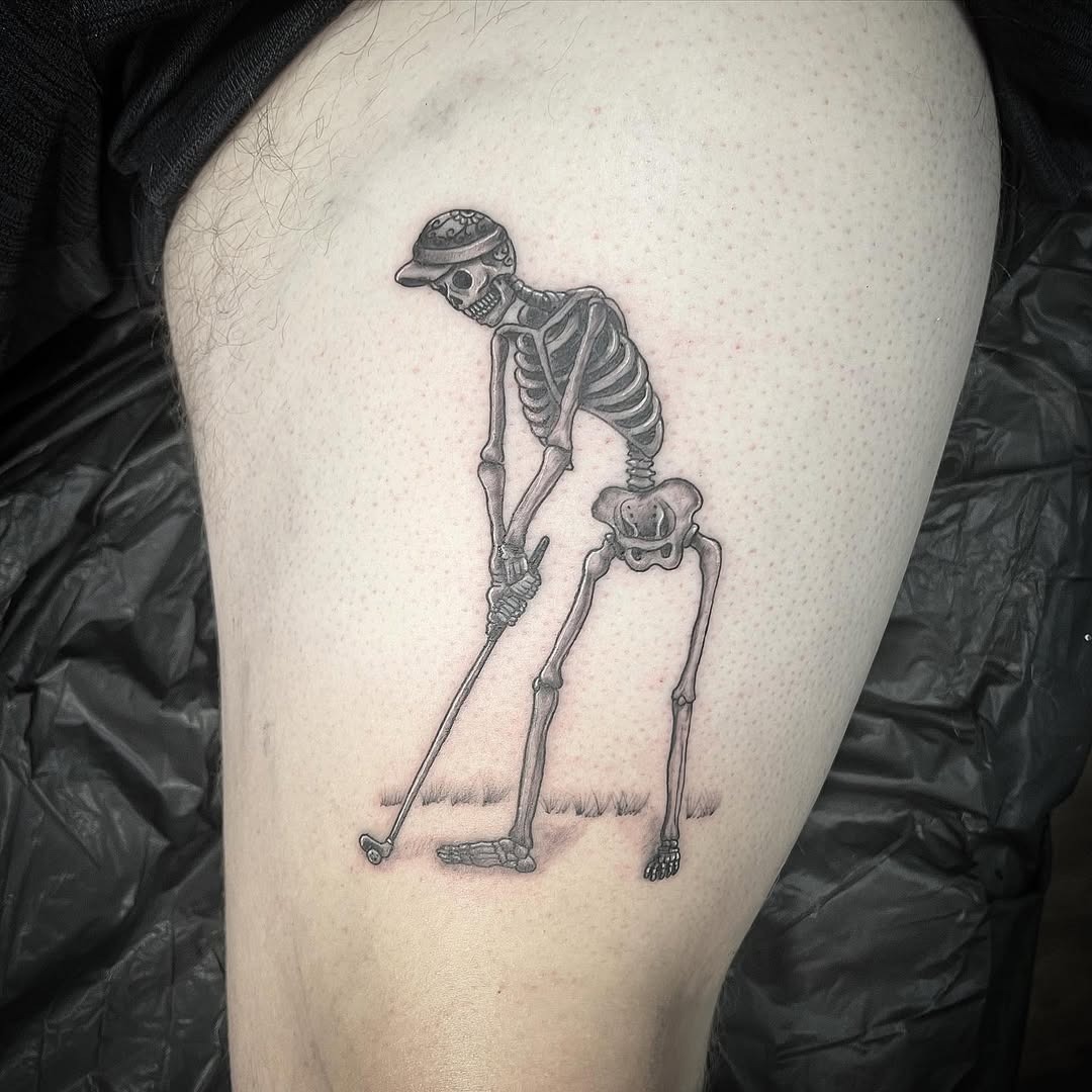Creative skeleton golfer tattoo on leg Tattoo Design