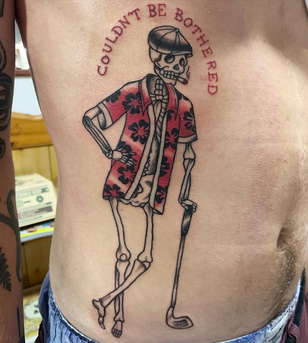 Humorous skeleton golf tattoo with vibrant colors Tattoo Design