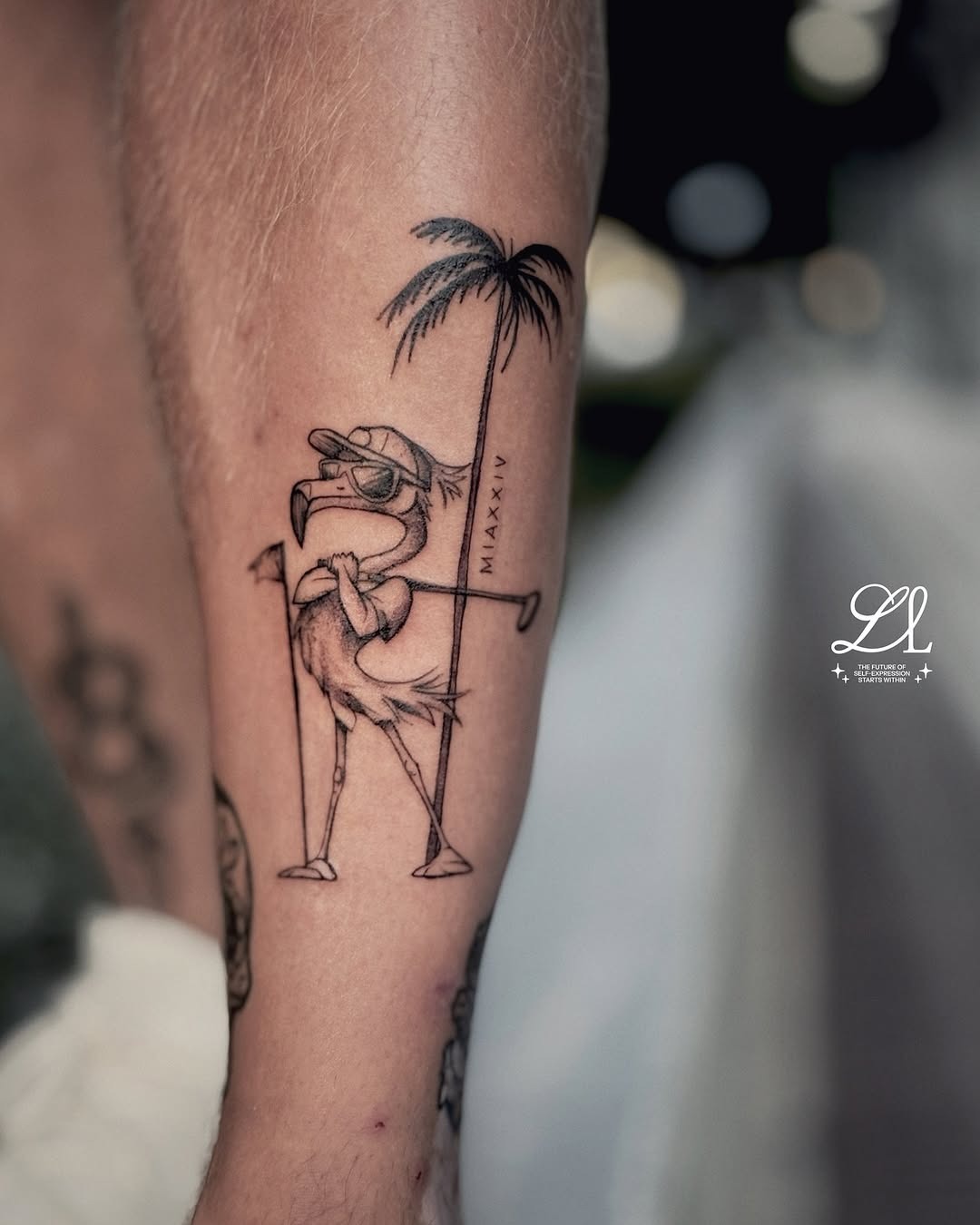 Playful flamingo golfer under palm tree tattoo Tattoo Design