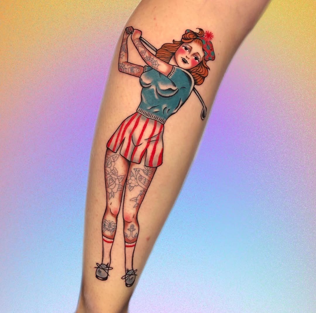 Stylish female golfer tattoo with vibrant colors Tattoo Design
