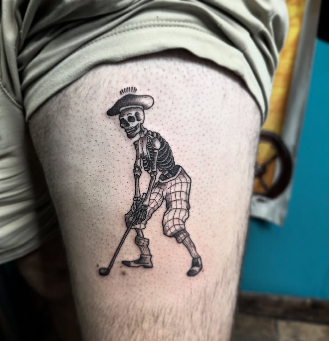 Unique skeleton golfer tattoo on thigh Tattoo Design