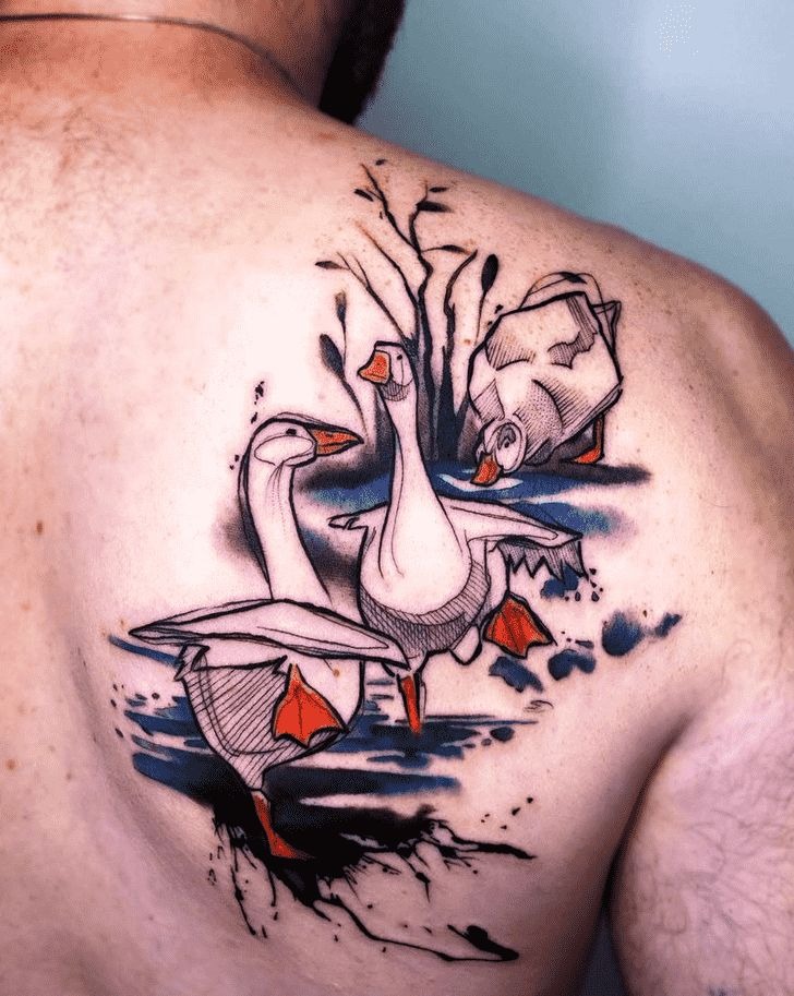 Dainty Fine Line Goose With Olive Branch Tattoo Design