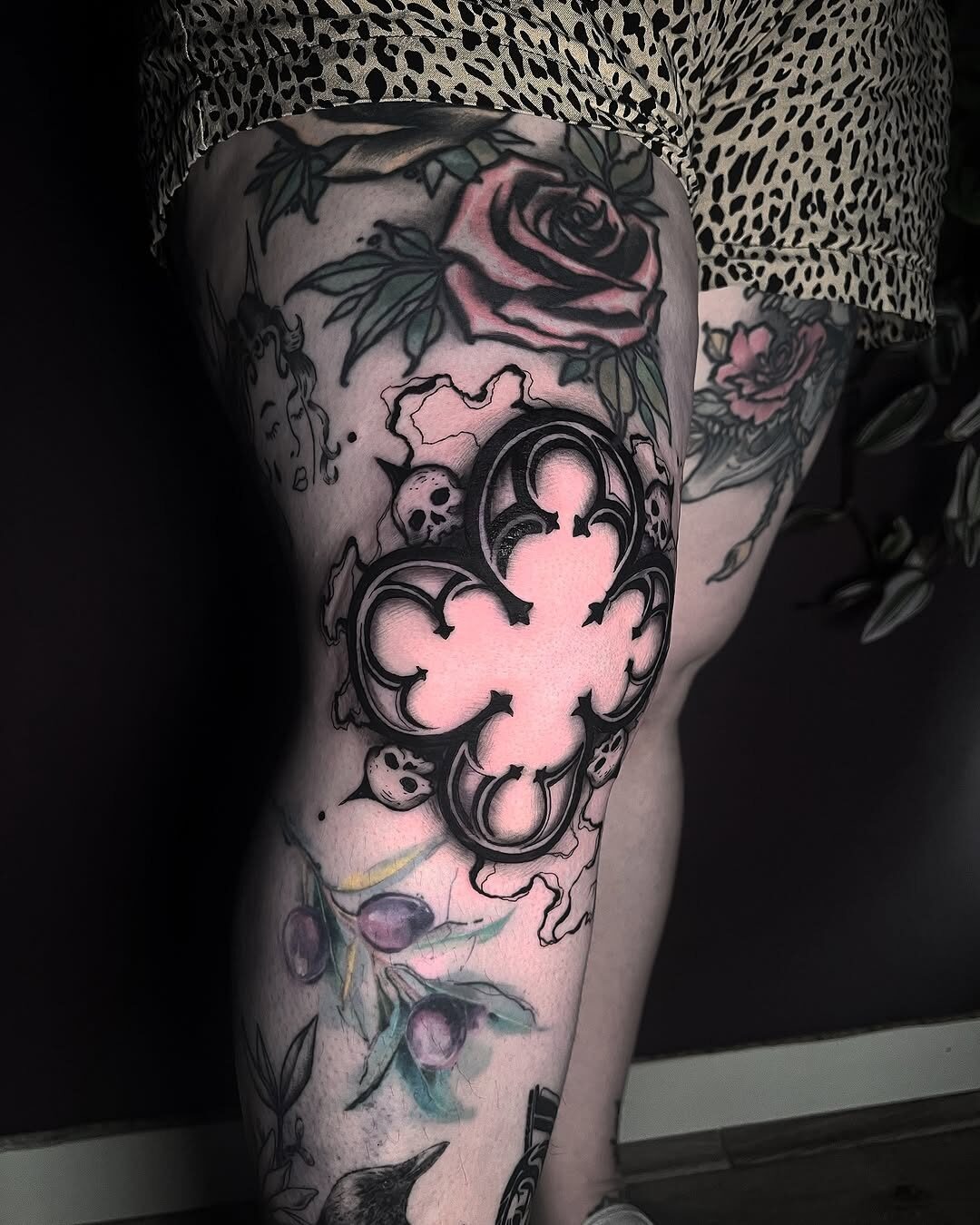 Bold Gothic Floral Tattoo Design on Leg Tattoo Design