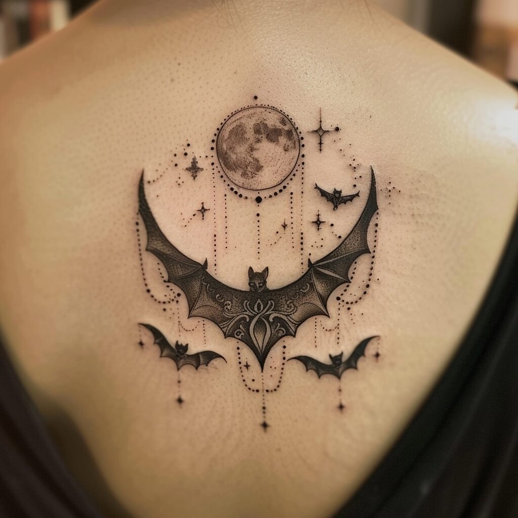 Elegant back tattoo with bats and moon Tattoo Design