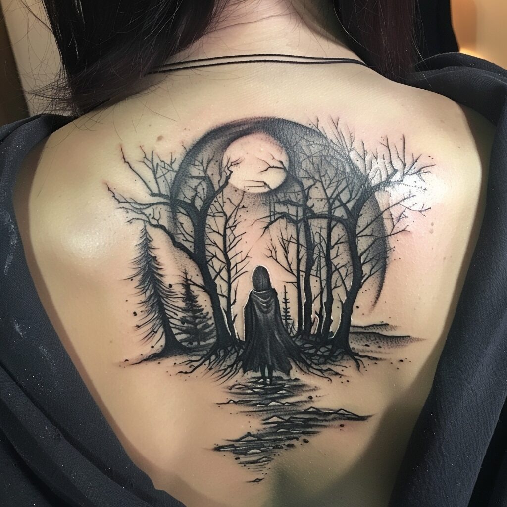 Enigmatic forest scene on a back tattoo Tattoo Design