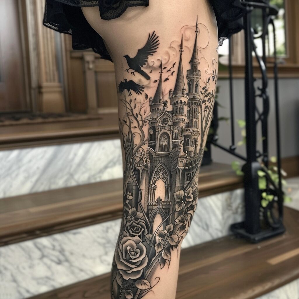 gothic castle tattoo with floral accents Tattoo Design