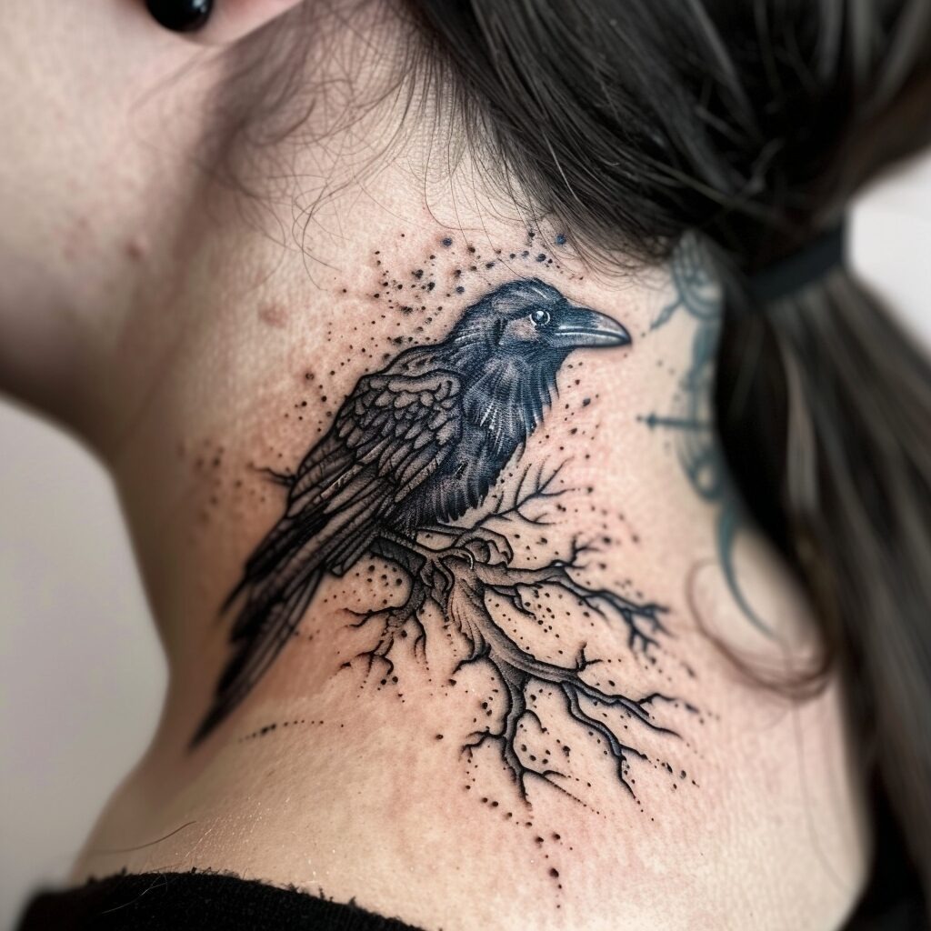 Intricate Raven Tattoo with Branch Details Tattoo Design