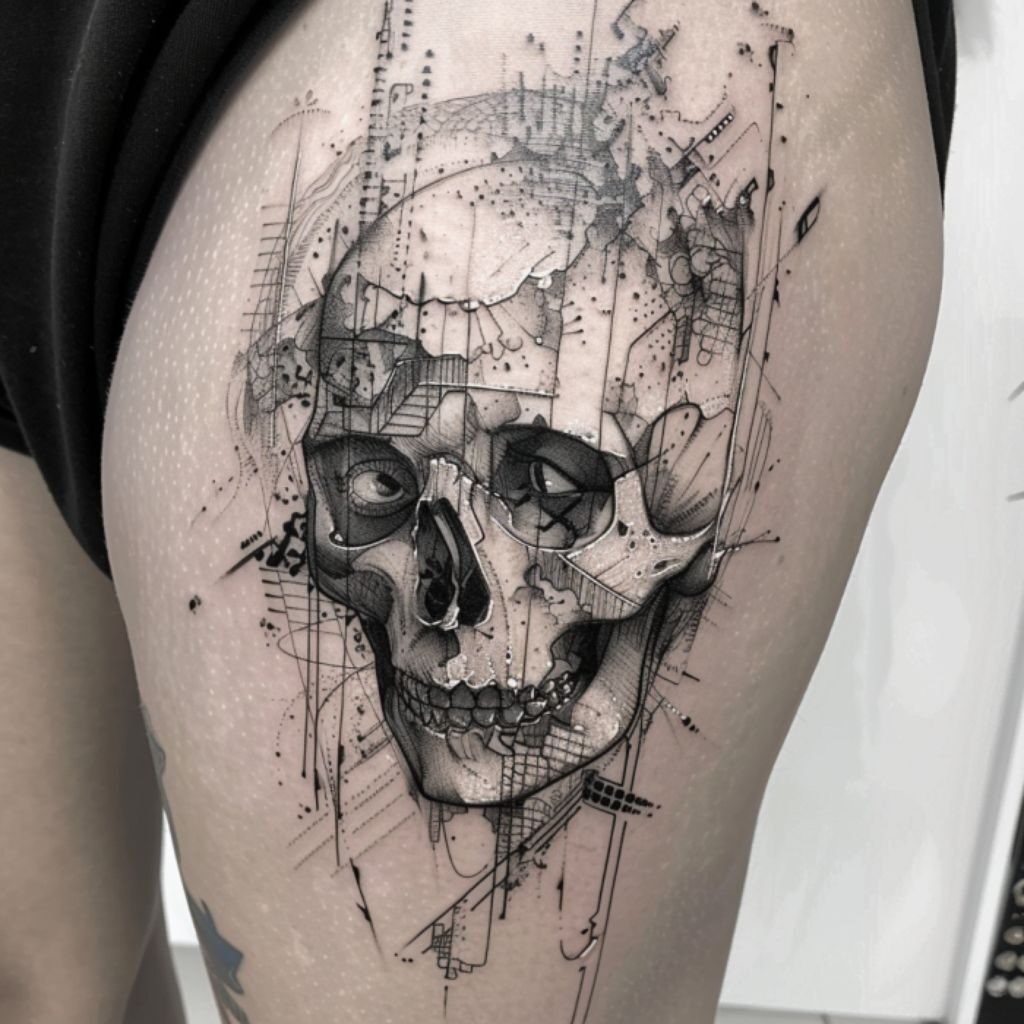 Intricate skull tattoo with modern geometric flair Tattoo Design