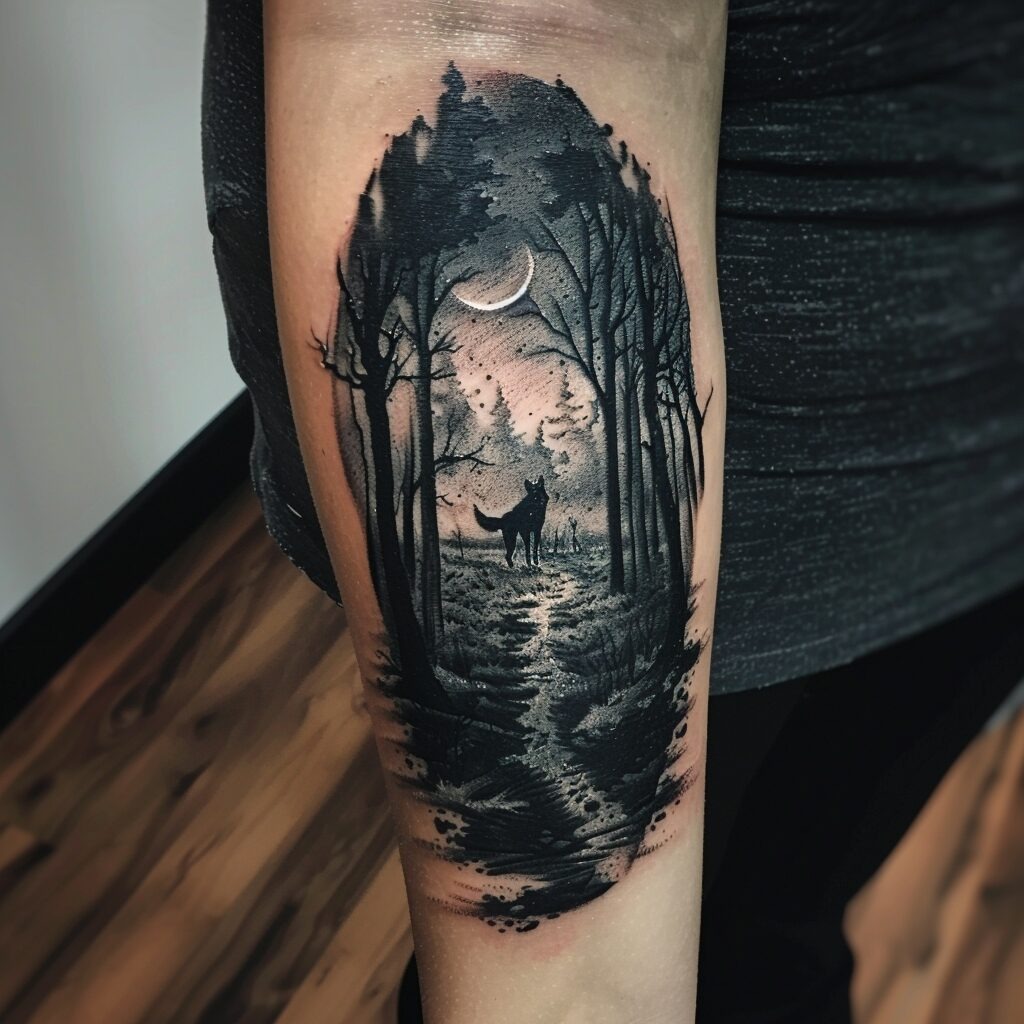 Mysterious Forest Scene with Wolf Tattoo Design