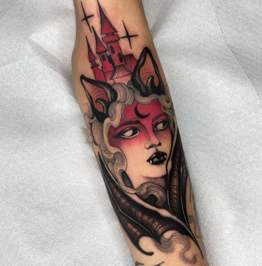 Mystical girl with gothic castle tattoo Tattoo Design