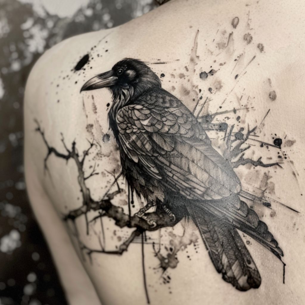 Mystical raven perched on a branch tattoo Tattoo Design