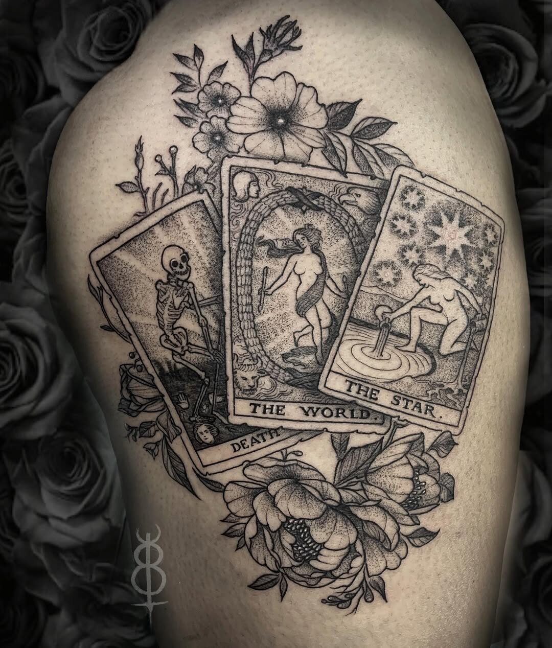 tarot card goth tattoo with flowers Tattoo Design