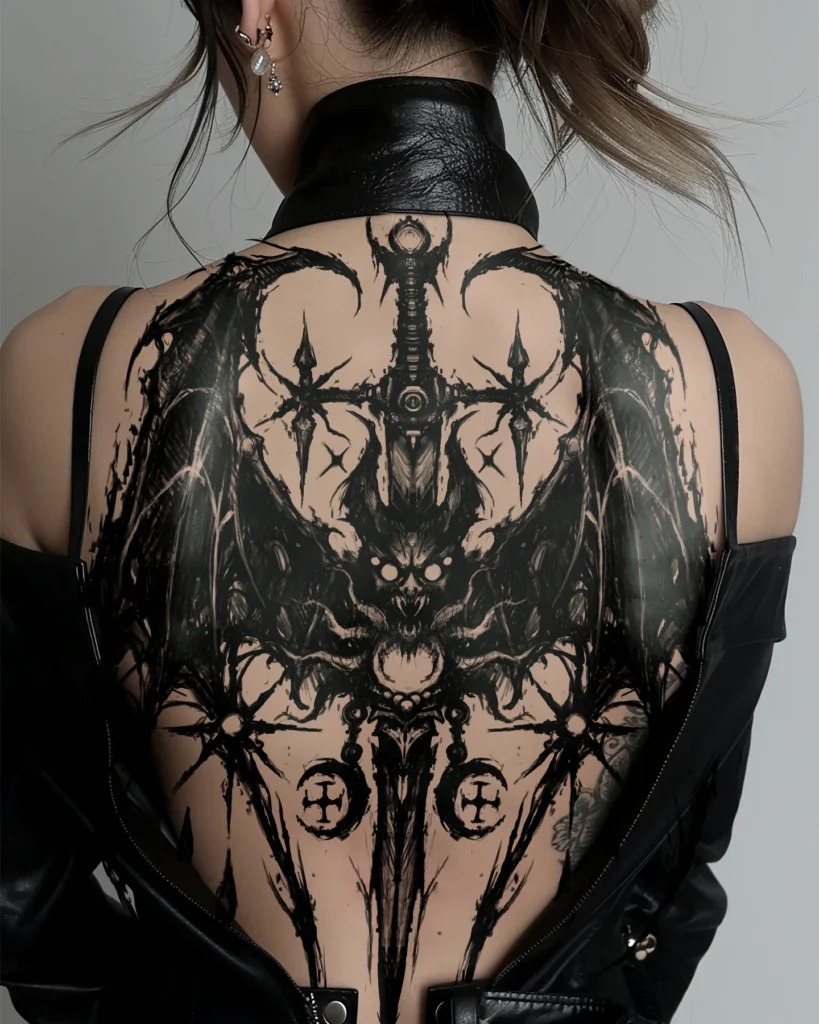 Gothic Bat and Sword Backpiece Tattoo Tattoo Design