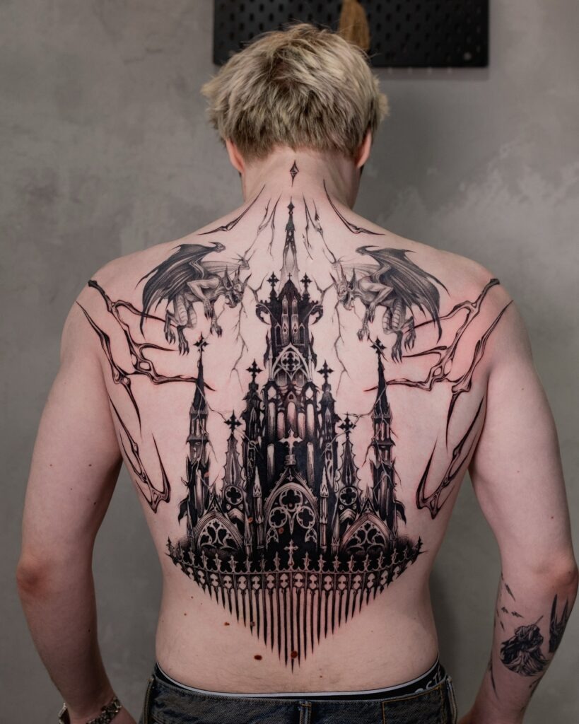 Gothic Cathedral Back Tattoo with Gargoyles Tattoo Design