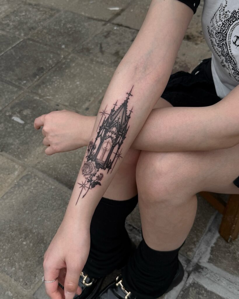 Gothic Chapel and Rose Tattoo Tattoo Design