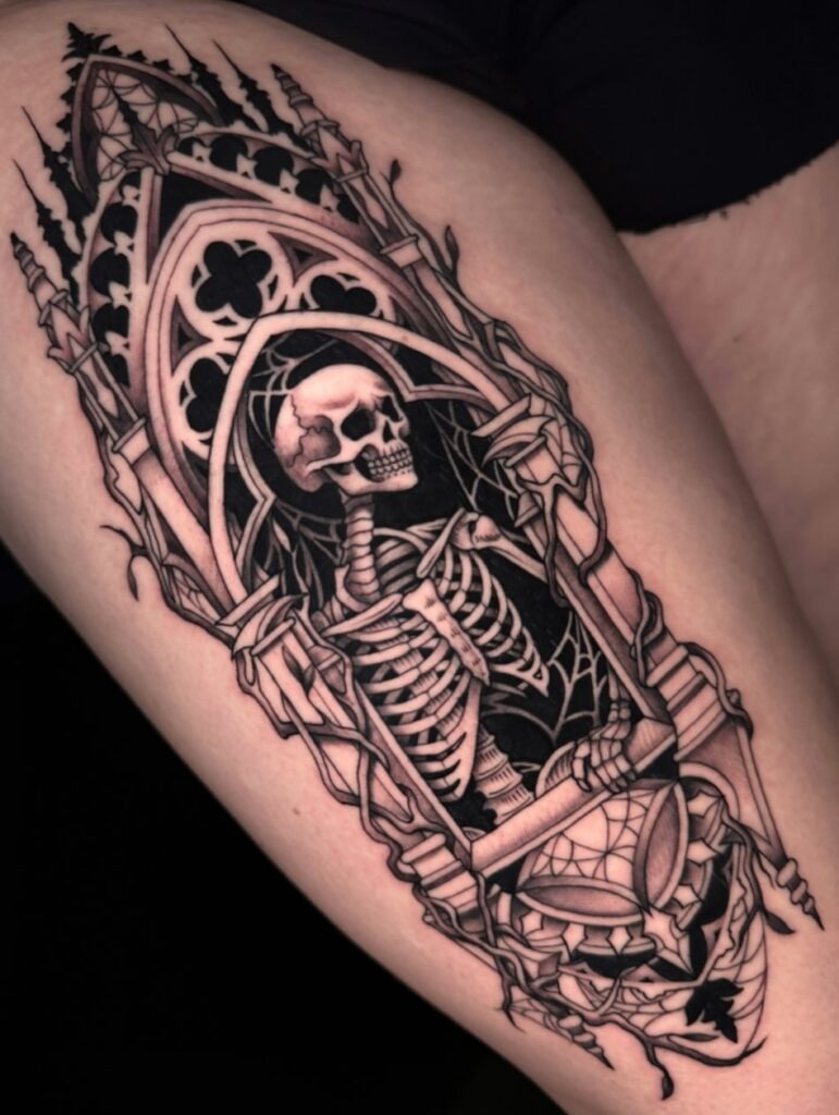Gothic Skeleton in Cathedral Window Tattoo Tattoo Design