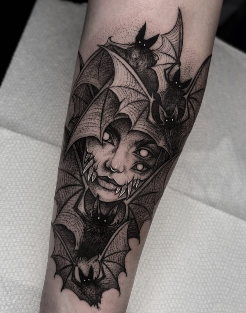Gothic Vampire and Bat Tattoo Tattoo Design