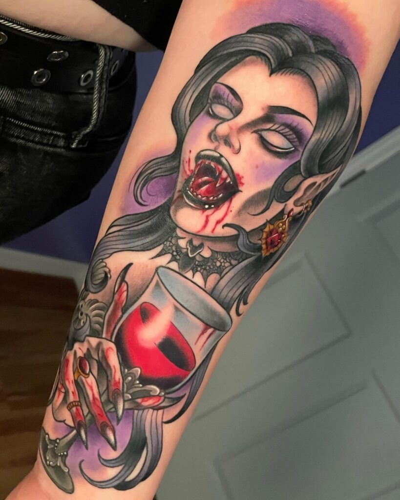 Gothic Vampire Woman Tattoo with Wine Glass Tattoo Design