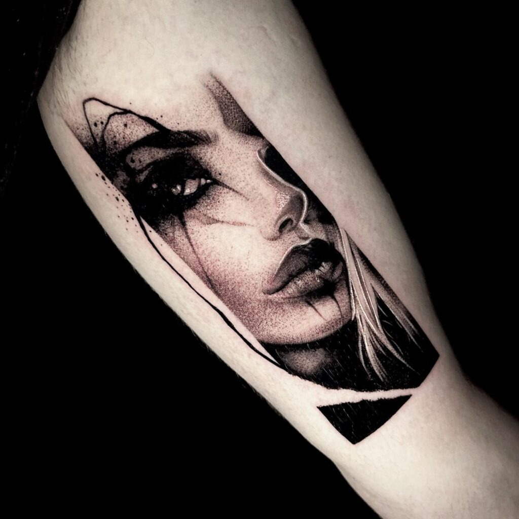 Gothic Woman Portrait Tattoo in Black and Grey Tattoo Design