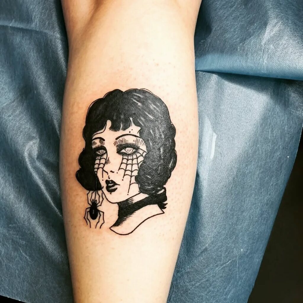 Gothic Woman with Spiderweb Eyes Tattoo Tattoo Design