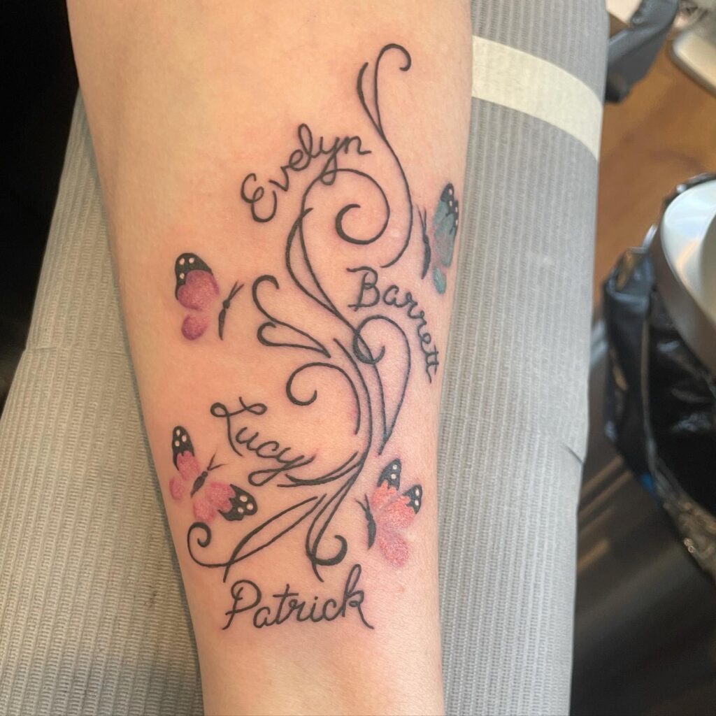 Angel Wings and Footprints with Names Tattoo Design