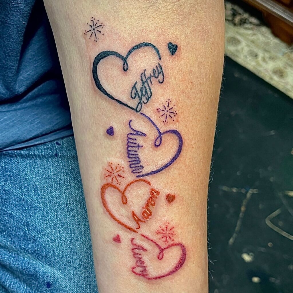 Colorful Hearts Connected by String Tattoo Design