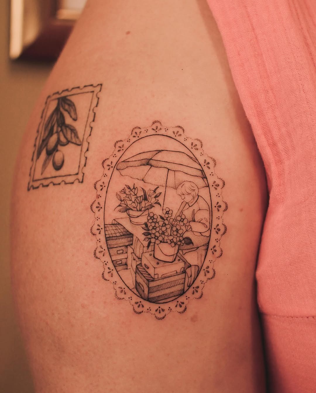Charming gardening scene tattoo with vintage vibes Tattoo Design