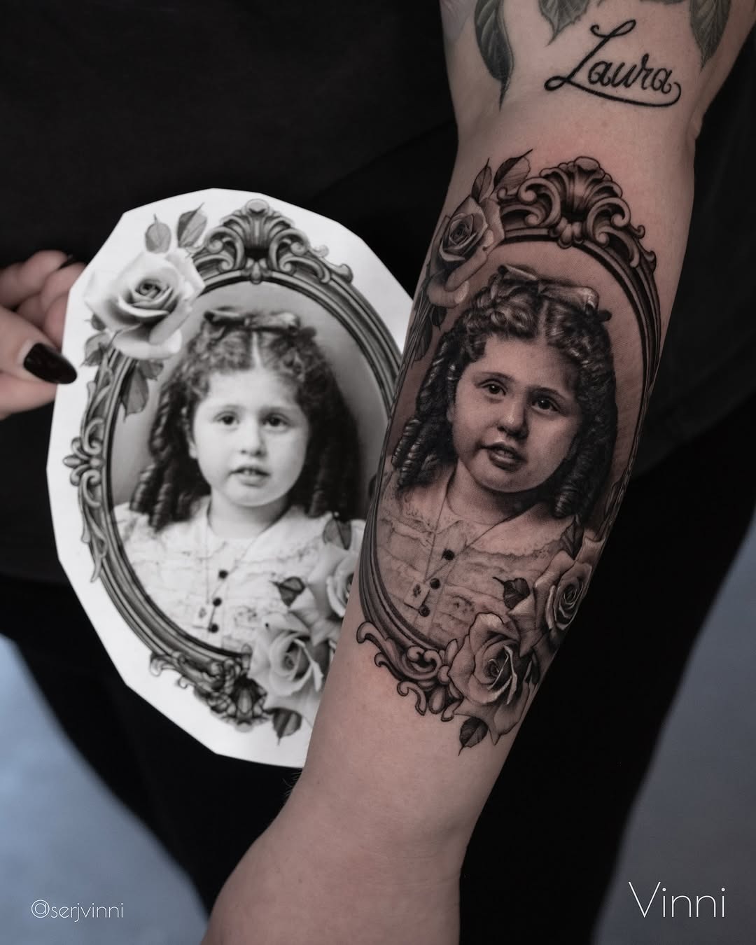 Timeless Grandma Portrait with Floral Elements Tattoo Design