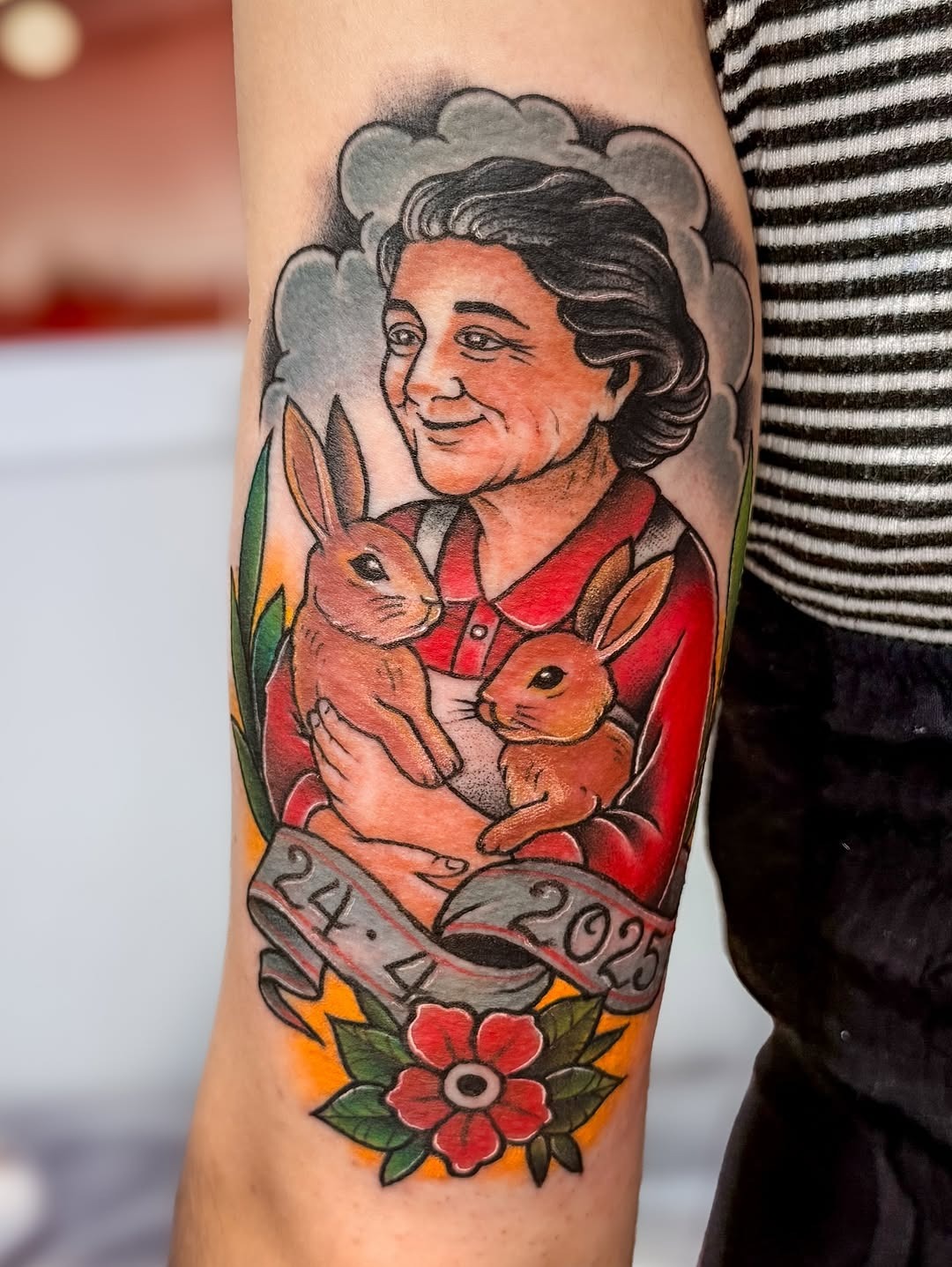 Warm grandma portrait with sweet rabbits Tattoo Design