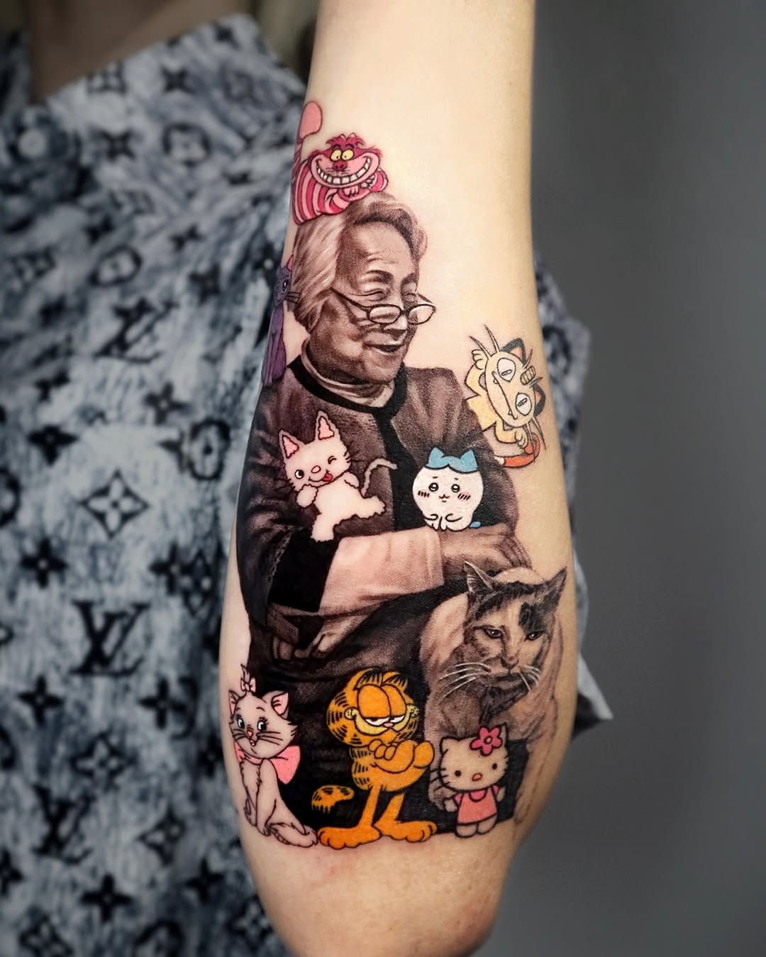 Whimsical Grandma Tattoo with Beloved Pets Tattoo Design