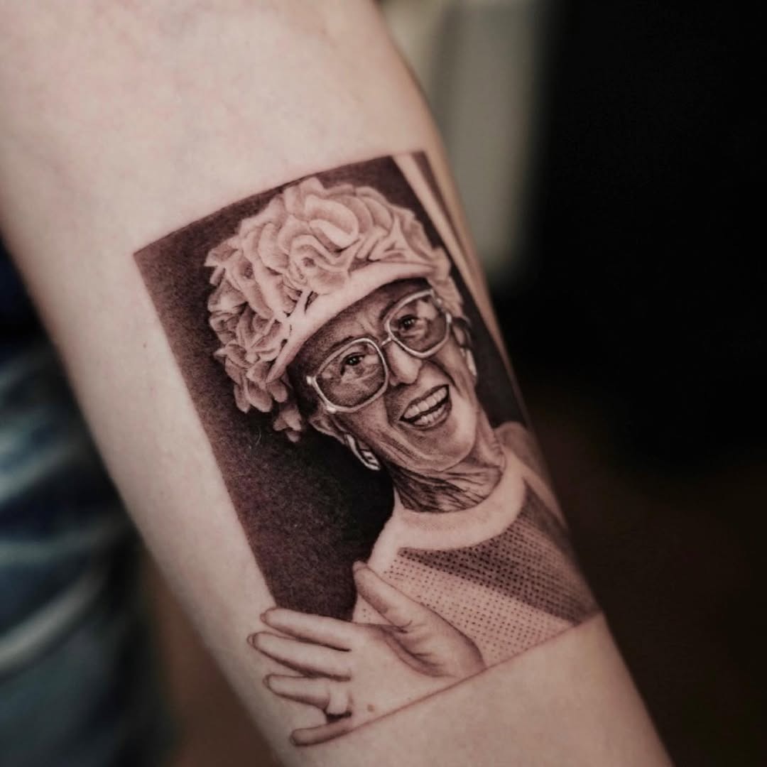 Whimsical portrait of a beloved grandmother. Tattoo Design
