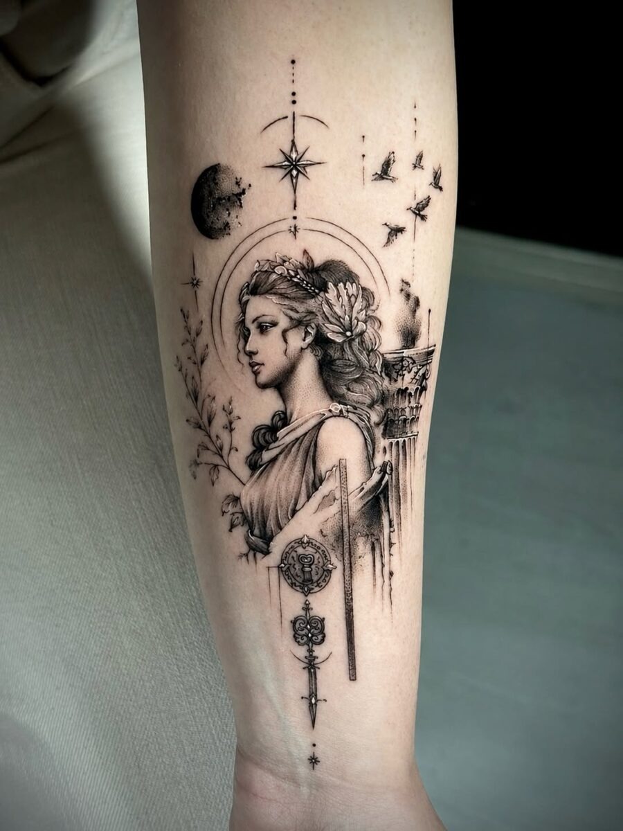This tattoo beautifully captures the essence of a Greek goddess, showing intricate details and a stunning portrait.
