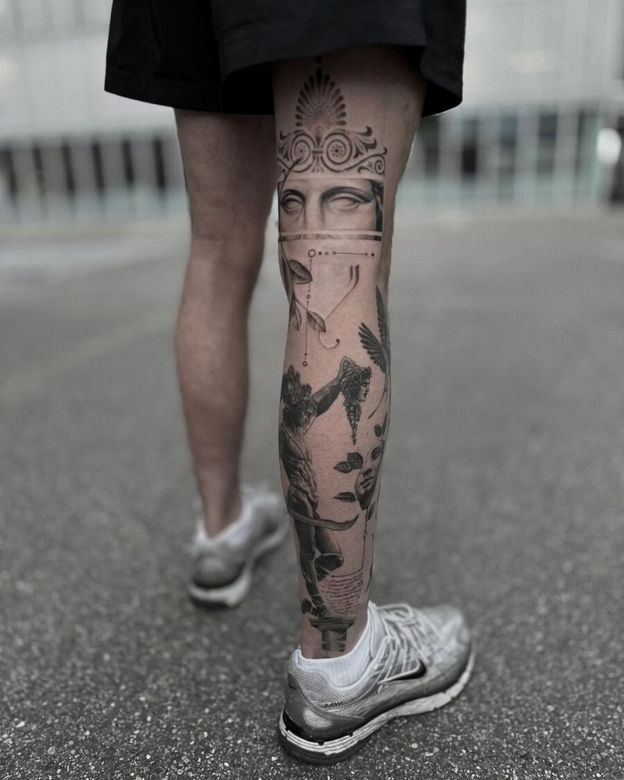 This tattoo showcases a stunning Greek god theme, depicting detailed imagery that captures ancient mythology.