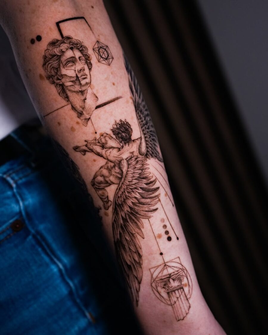 This stunning tattoo features a blend of Greek gods and mythology, showing intricate details and powerful imagery.