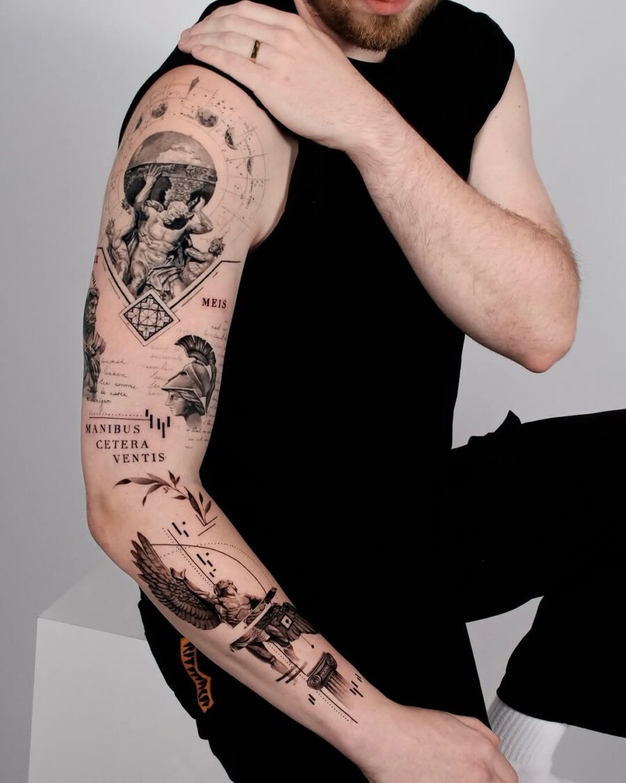 This stunning tattoo features a blend of Greek gods and mythology, showing intricate details and powerful imagery.