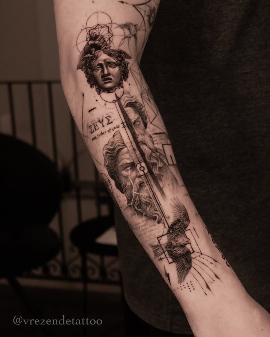 This tattoo features an elaborate design of Greek gods, highlighting the intricate artistry and mythological symbolism.