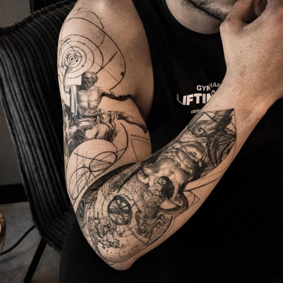 This tattoo showcases detailed depictions of Greek gods alongside intricate geometric patterns.