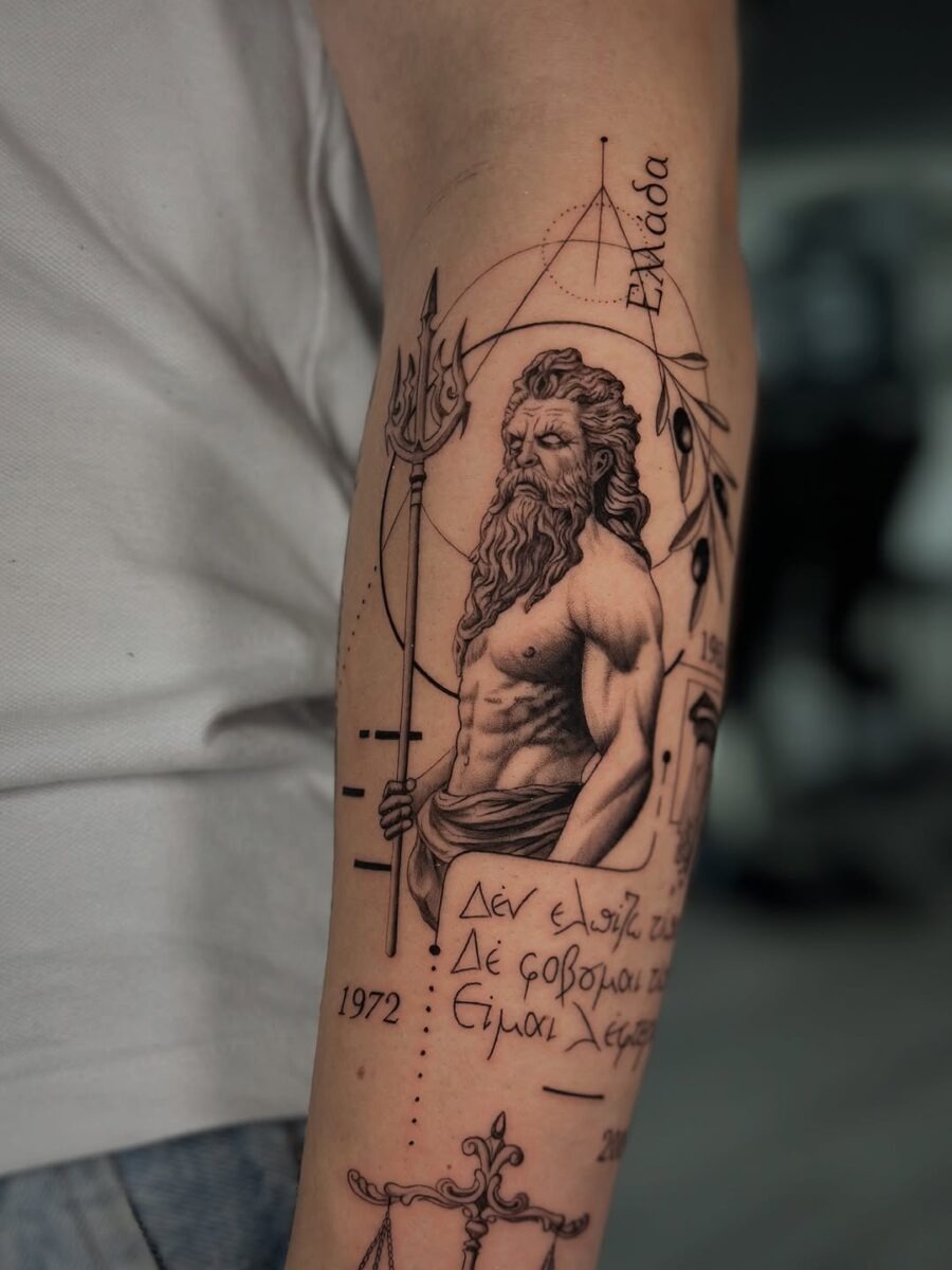 This tattoo vividly depicts Poseidon, the Greek god of the sea, emphasizing his muscular physique and authoritative pose.