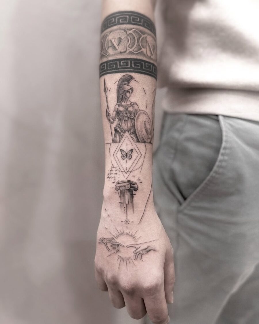 This tattoo showcases a powerful spartan warrior adorned in armor and holding a shield, perfect for those who want a symbol of strength.