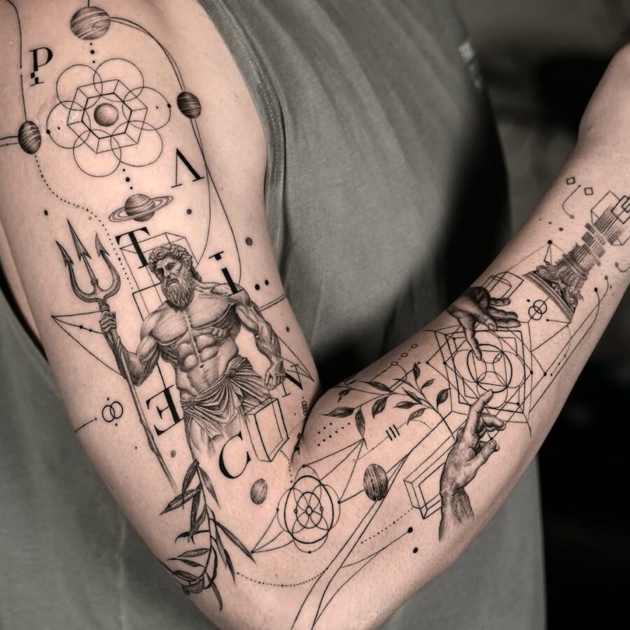 This detailed tattoo features Zeus, the god of thunder, depicted in a powerful pose.